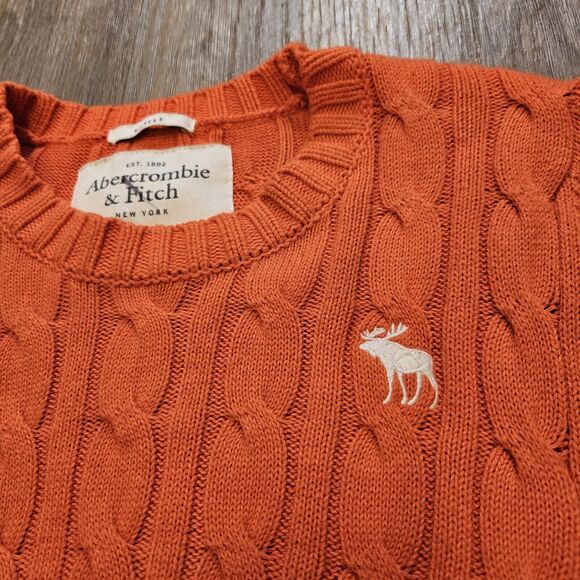 Vtg Abercrombie & Fitch Cable Knit Sweater Mens M Moose Orange Preppy Y2K Swifti - Picture 3 of 9